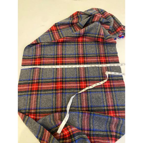 J. Crew Tartan Plaid Pom Pom Trim Holiday Scarf Gray Red Blue EUC OS Winter - Picture 4 of 7